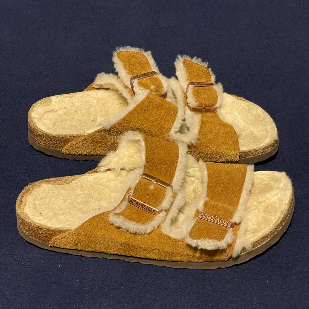 Birkenstock Arizona Shearling Sandals Women's 41 265 L10 M8 Suede Tan Brown